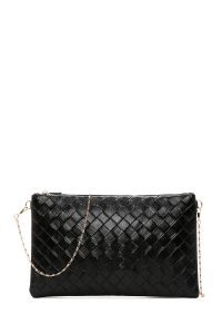 کیف مجلسی زنانه مشکی دستی طرح‌دار با بند زنجیری بلند دری مد