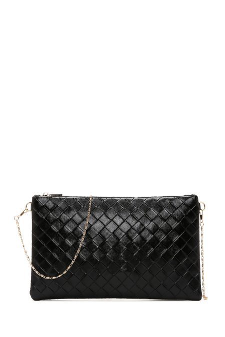 کیف مجلسی زنانه مشکی دستی طرح‌دار با بند زنجیری بلند دری مد