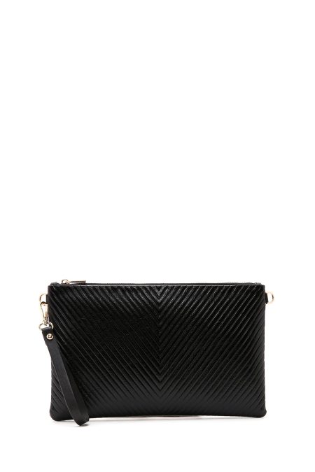 کیف مجلسی زنانه مشکی دستی طرح‌دار با بند زنجیری بلند دری مد