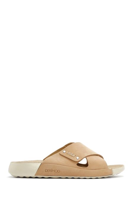 Kadın Bej Bantlı Nubuk Deri Comfort Terlik