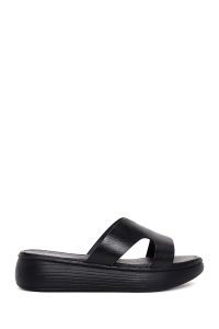 دمپایی زنانه چرمی مشکی با کف ضخیم دری مد