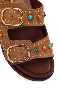 دمپایی جیر چرمی زنانه عسلی پرچ‌دار دری مد