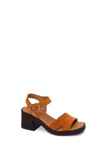 صندل جیر چرمی زنانه قهوه‌ای بند مچی پاشنه پهن دری‌مد دری مد