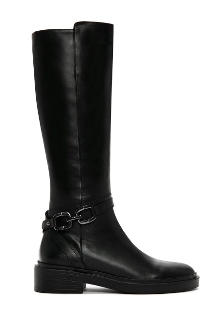 چکمه زنانه مشکی چرمی زیپ‌دار با تکه بند دری مد