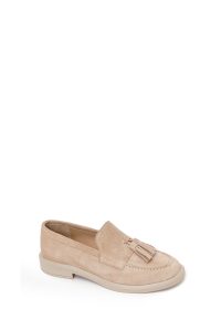 کفش لوفر جیر چرمی زنانه بژ منگوله‌دار دری مد