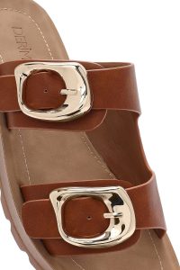 دمپایی زنانه عسلی دو سگک‌دار زیره ضخیم دری مد