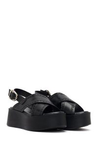 صندل چرمی زنانه مشکی بند مچی پلتفرم لژدار دری‌مد دری مد