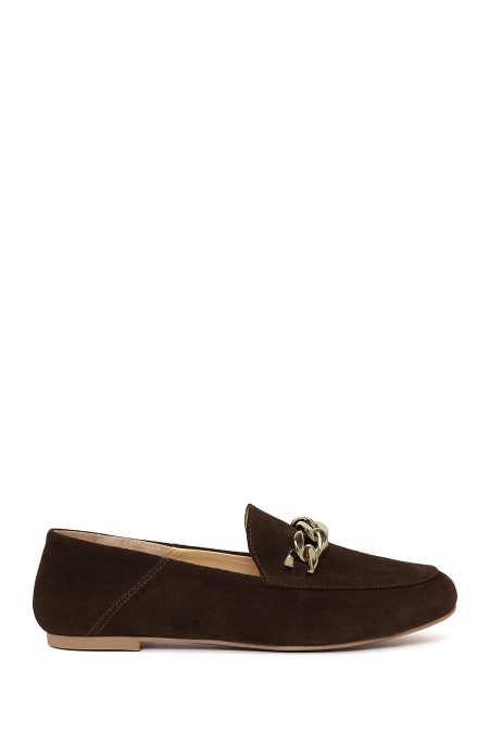 کفش لوفر جیر چرمی زنانه قهوه‌ای سگک‌دار ماسکولین دری مد