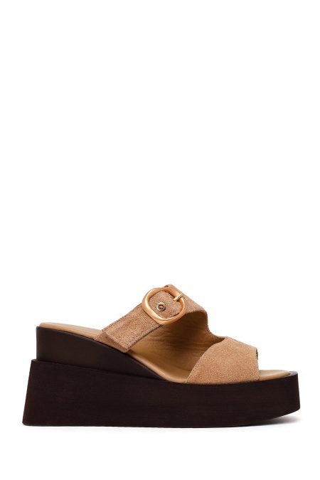 دمپایی جیر چرمی زنانه بژ سگک‌دار لژدار دری مد