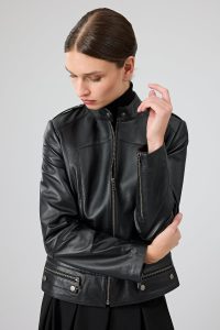 کت چرمی زنانه مشکی یقه ایستاده کوتاه Nora دری مد